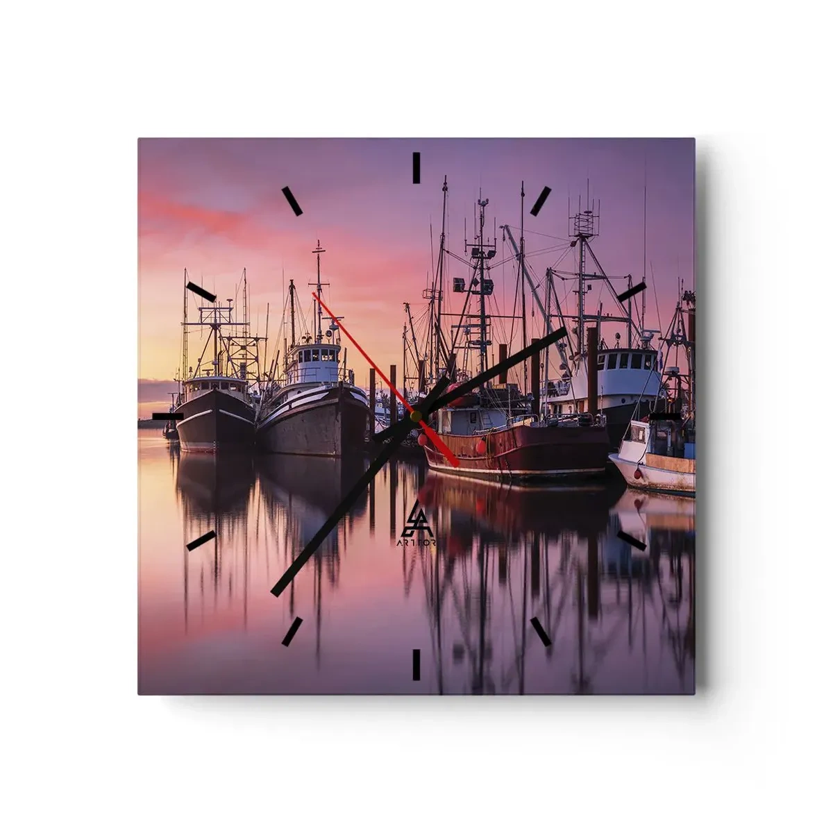 Wanduhr - Glasuhr - Fischerboote im Hafen bei Sonnenuntergang - 30x30cm - Vor dem nächsten Tag - Moderne Wanddekoration für Wohnzimmer und Schlafzimmer ARTTOR