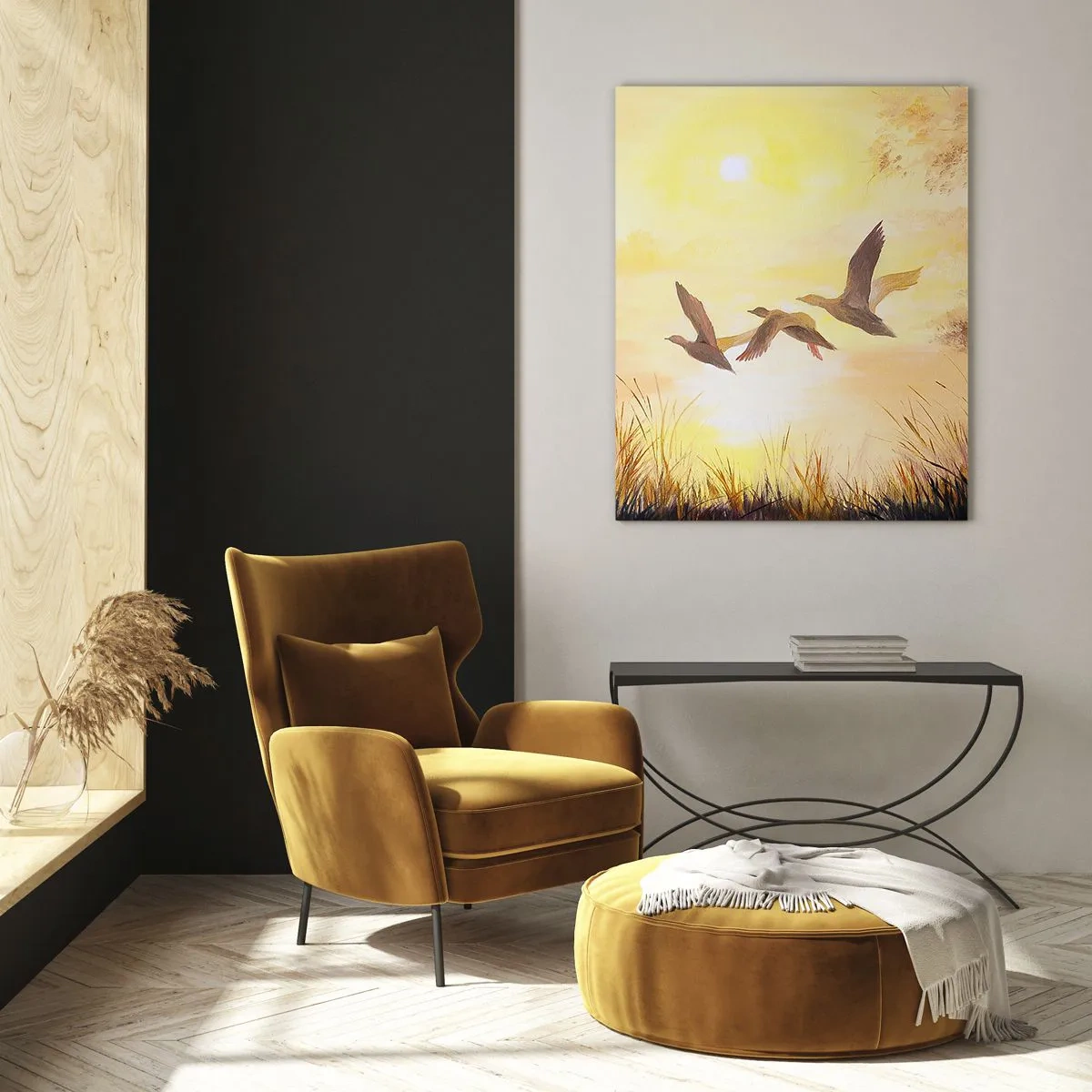 Glasbild - Bild auf glas - Enten fliegen bei Sonnenaufgang über den See - 80x120cm - Der Beginn einer langen Reise - Moderne Wanddekoration für Wohnzimmer und Schlafzimmer ARTTOR