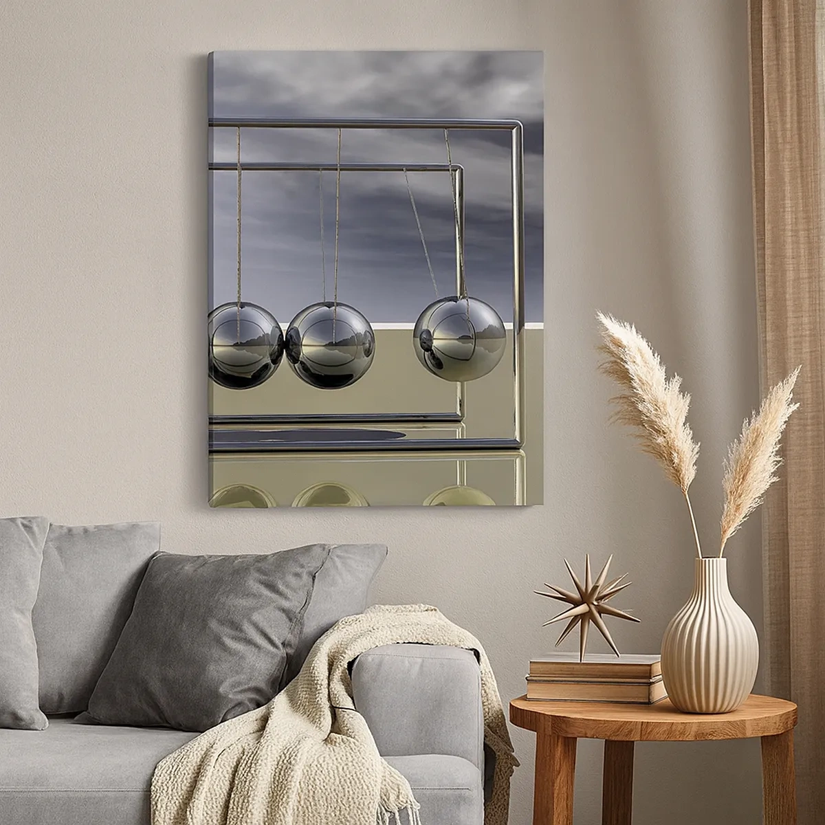 Bild auf Leinwand - Leinwandbild - Newtons Kugeln in minimalistischem Ambiente mit Lichtreflexen - 50x70cm - Die Energie der Welt - Moderne Wanddekoration für Wohnzimmer und Schlafzimmer ARTTOR