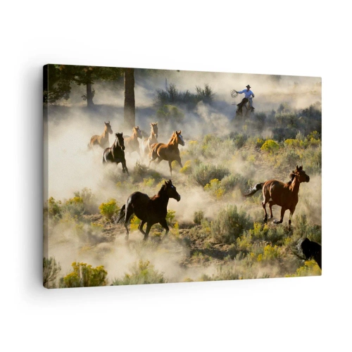 Bild auf Leinwand - Leinwandbild - Eine Herde wilder Pferde galoppiert durch Staub und Vegetation - 70x50cm - Rivalität – Freiheit oder männliche Stärke? - Moderne Wanddekoration für Wohnzimmer und Schlafzimmer ARTTOR