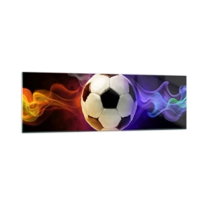 Glasbild - Bild auf glas - Ein Fußball, umgeben von bunten Raucheffekten auf dunklem Hintergrund. - 160x50cm - Die magische Kraft des Spiels - Moderne Wanddekoration für Wohnzimmer und Schlafzimmer ARTTOR