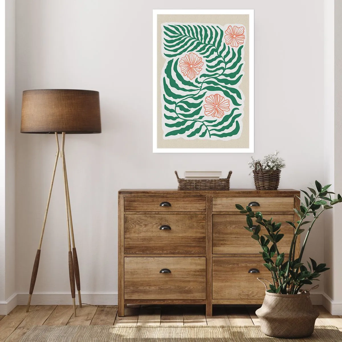 Poster - Abstrakte Grafik aus Blättern und Blüten auf beigem Hintergrund - 50x70cm - Aufgeblüht in Grün - Moderne Wanddekoration für Wohnzimmer und Schlafzimmer ARTTOR