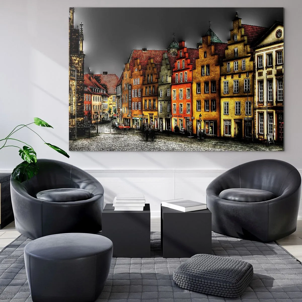 Glasbild - Bild auf glas - Bunte Mietshäuser vor dem Hintergrund eines bewölkten Himmels - 120x80cm - Es fehlt nur noch ein verzaubertes Taxi - Moderne Wanddekoration für Wohnzimmer und Schlafzimmer ARTTOR