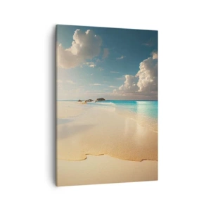 Bild auf Leinwand - Leinwandbild - Ein sonniger Strand mit blauem Meer und Felsen - 50x70cm - Erträumter Tag - Moderne Wanddekoration für Wohnzimmer und Schlafzimmer ARTTOR