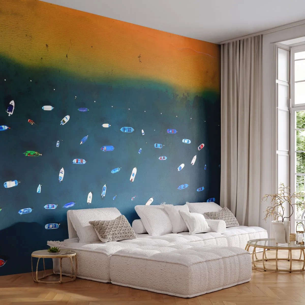 Fototapete Premium Canvas - Feiertagsspiel - Boote, Strand, Küste - 300x210 cm