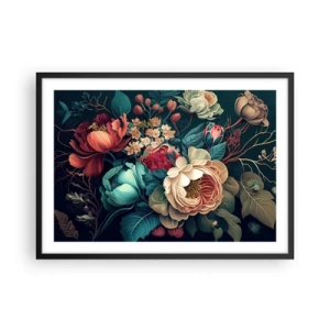 Poster in einem schwarzem Rahmen - Eine farbenfrohe Blumenkomposition auf dunklem Hintergrund - 70x50cm - Charme des 19. Jahrhunderts - Moderne Wanddekoration für Wohnzimmer und Schlafzimmer ARTTOR