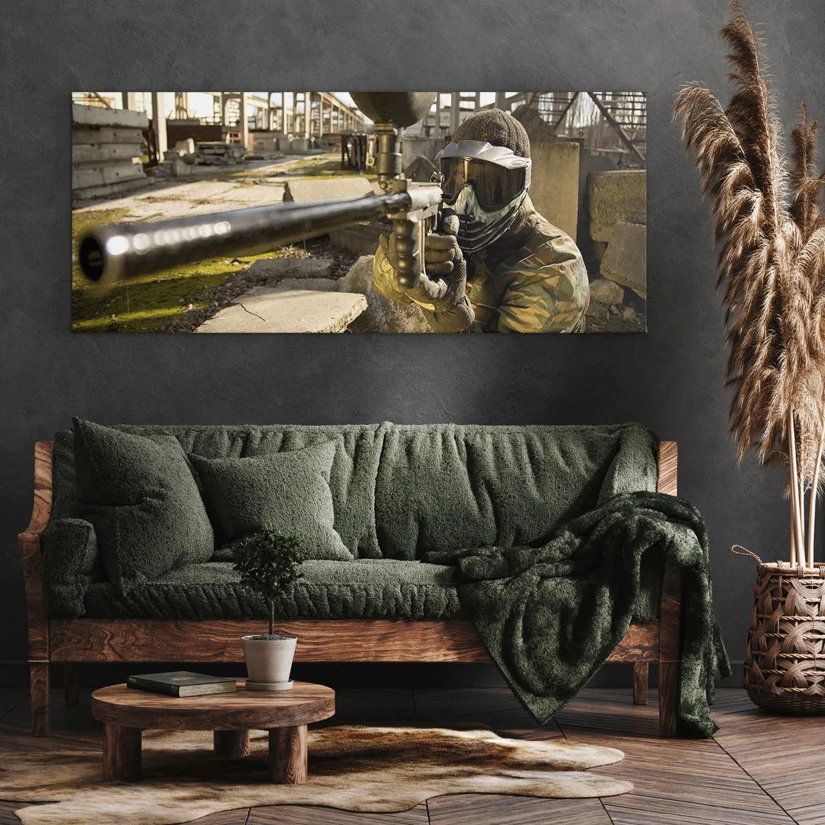 Bild auf Leinwand - Leinwandbild - Ein Paintball-Spieler in Tarnkleidung zielt mit einem Markierer - 120x50cm - Auch du kannst ein Held werden - Moderne Wanddekoration für Wohnzimmer und Schlafzimmer ARTTOR