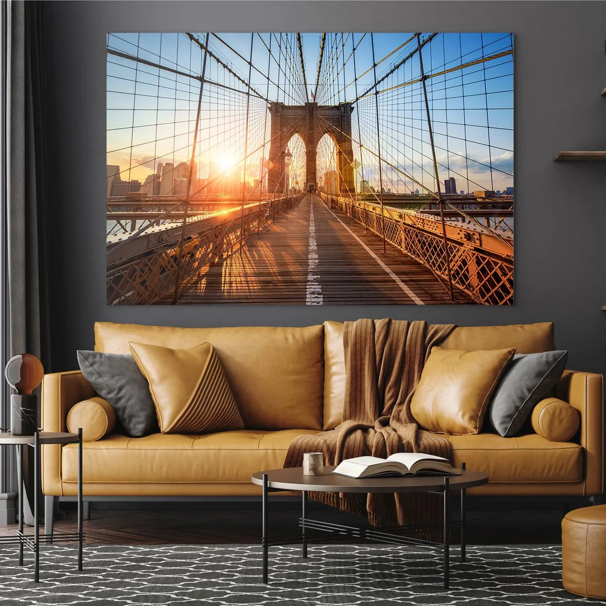Glasbild - Bild auf glas - Sonnenuntergang auf der Brooklyn Bridge in New York - 100x70cm - Auf der goldenen Brücke - Moderne Wanddekoration für Wohnzimmer und Schlafzimmer ARTTOR