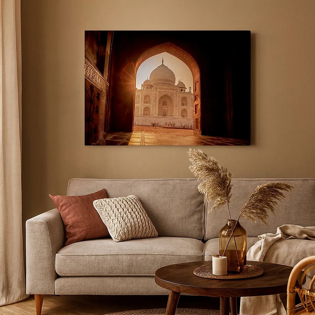 Bild auf Leinwand - Leinwandbild - Taj Mahal im Sonnenlicht vom Torbogen aus gesehen - 70x50cm - Denkmal der überirdischen Liebe - Moderne Wanddekoration für Wohnzimmer und Schlafzimmer ARTTOR