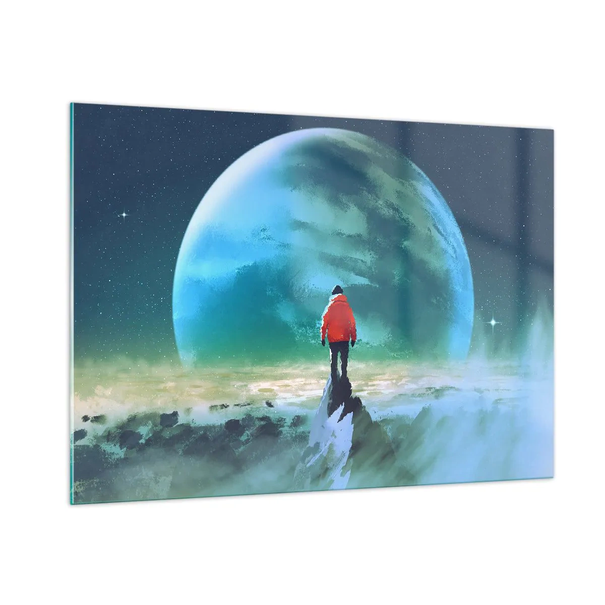 Glasbild - Bild auf glas - Eine Figur in einer roten Jacke vor dem Hintergrund eines riesigen Planeten und Sternen - 100x70cm - Entdecker des neuen Landes - Moderne Wanddekoration für Wohnzimmer und Schlafzimmer ARTTOR