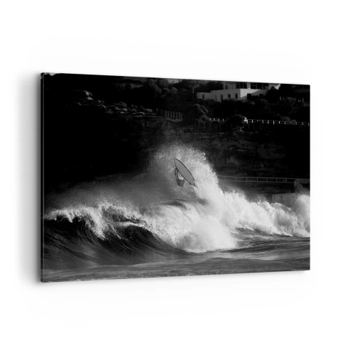 Bild auf Leinwand - Leinwandbild - Ein Surfer, der eine Welle reitet, in Monochrom - 120x80cm - Herausforderung angenommen! - Moderne Wanddekoration für Wohnzimmer und Schlafzimmer ARTTOR