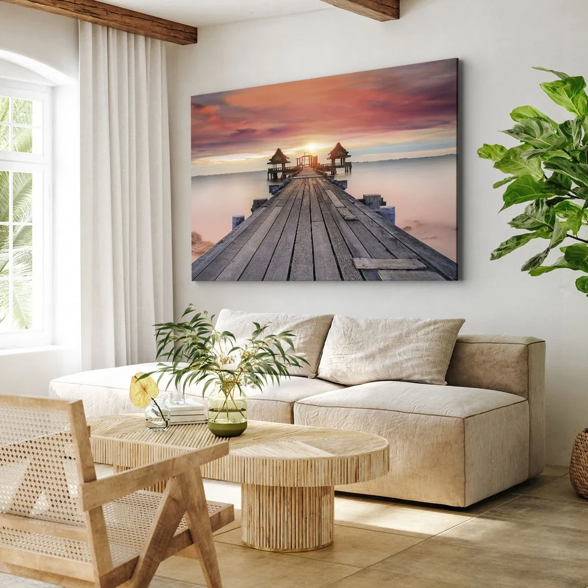 Bild auf Leinwand - Leinwandbild - Holzsteg führt zu Pavillons bei Sonnenuntergang - 120x80cm - Westen im Osten - Moderne Wanddekoration für Wohnzimmer und Schlafzimmer ARTTOR