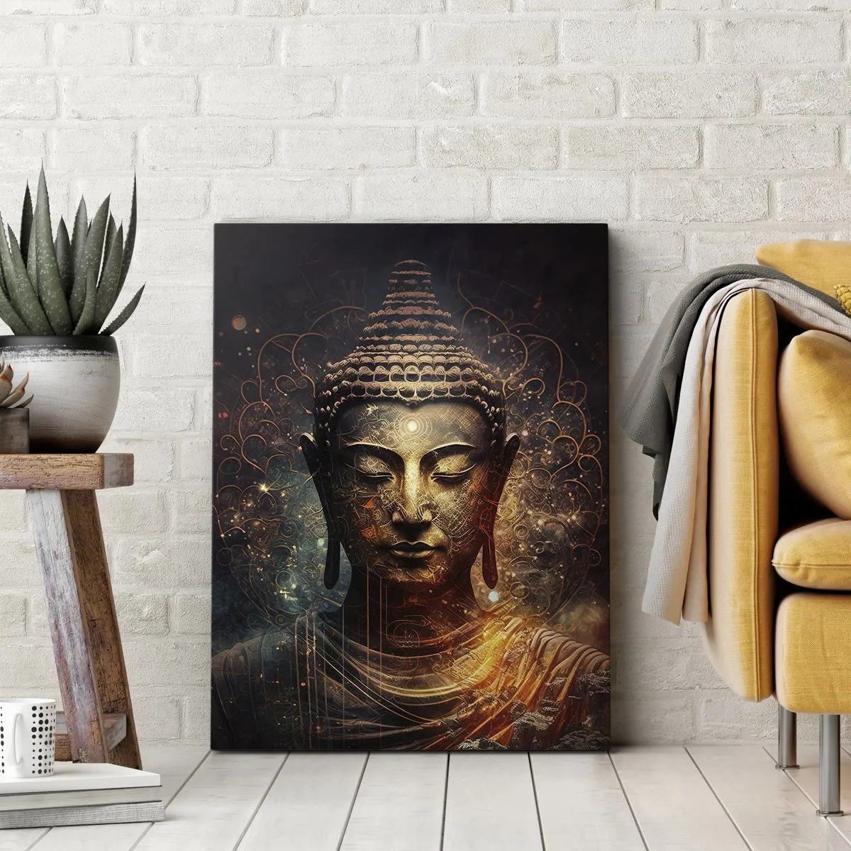 Bild auf Leinwand - Leinwandbild - Goldener Buddha auf dunklem Hintergrund mit Ornamenten - 70x100cm - Spirituelles Gleichgewicht - Moderne Wanddekoration für Wohnzimmer und Schlafzimmer ARTTOR