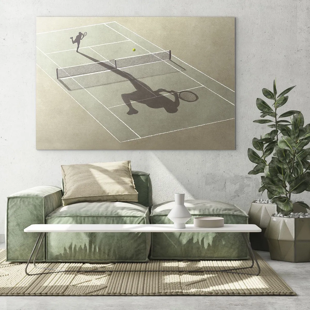Glasbild - Bild auf glas - Die Figur eines Tennisspielers und sein Schatten auf dem Platz während eines Aufschlags - 70x50cm - Überwinde dich selbst - Moderne Wanddekoration für Wohnzimmer und Schlafzimmer ARTTOR