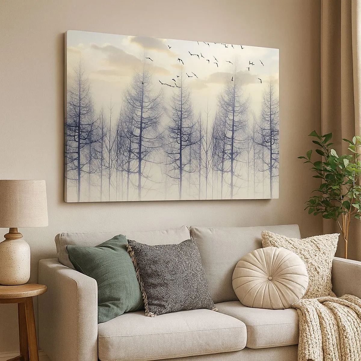 Bild auf Leinwand - Leinwandbild - Nebliger Wald mit Vögeln vor dem Sonnenuntergangshimmel - 70x50cm - Waldgeister - Moderne Wanddekoration für Wohnzimmer und Schlafzimmer ARTTOR