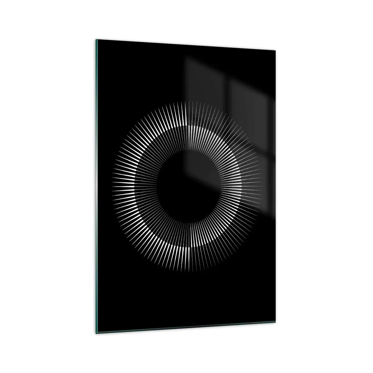 Glasbild - Bild auf glas - Grafischer Kreis mit Strahlen in Schwarz und Weiß - 70x100cm - Schwarze Sonne - Moderne Wanddekoration für Wohnzimmer und Schlafzimmer ARTTOR