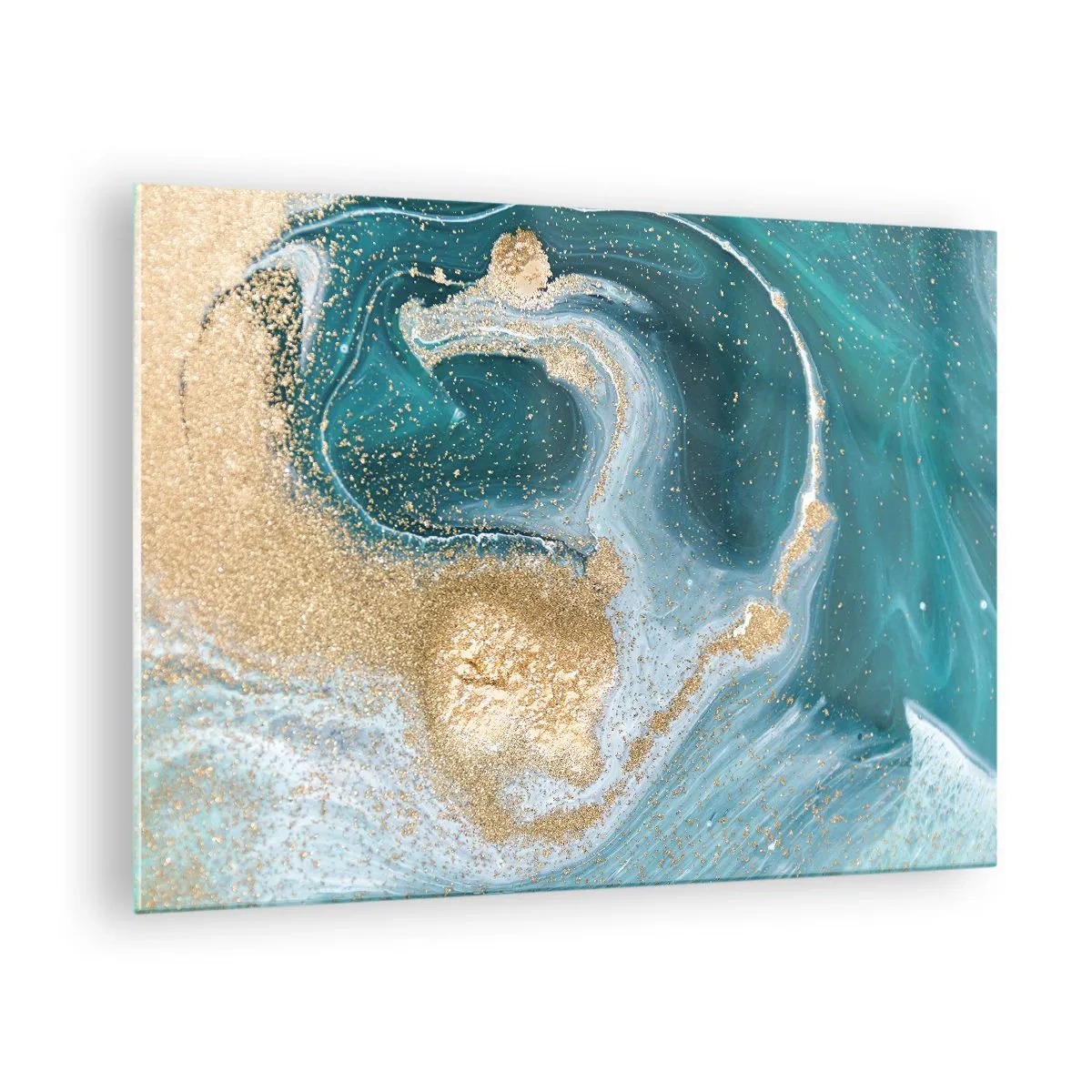 Glasbild - Bild auf glas - Gold auf türkisfarbenen Wellen im abstrakten Stil - 70x50cm - Ein Strudel aus Gold und Türkis - Moderne Wanddekoration für Wohnzimmer und Schlafzimmer ARTTOR