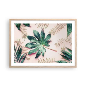 Poster in einem Rahmen aus heller Eiche - Eine Studie von Grün auf einem rosa Hintergrund - 70x50 cm