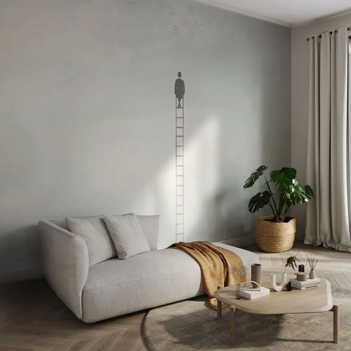 Fototapete Standard Eco - Eine Figur oben auf einer Leiter in einer surrealen Landschaft - 100x70cm - Erhebe dich darüber! - Moderne Wanddekoration für Wohnzimmer und Schlafzimmer ARTTOR