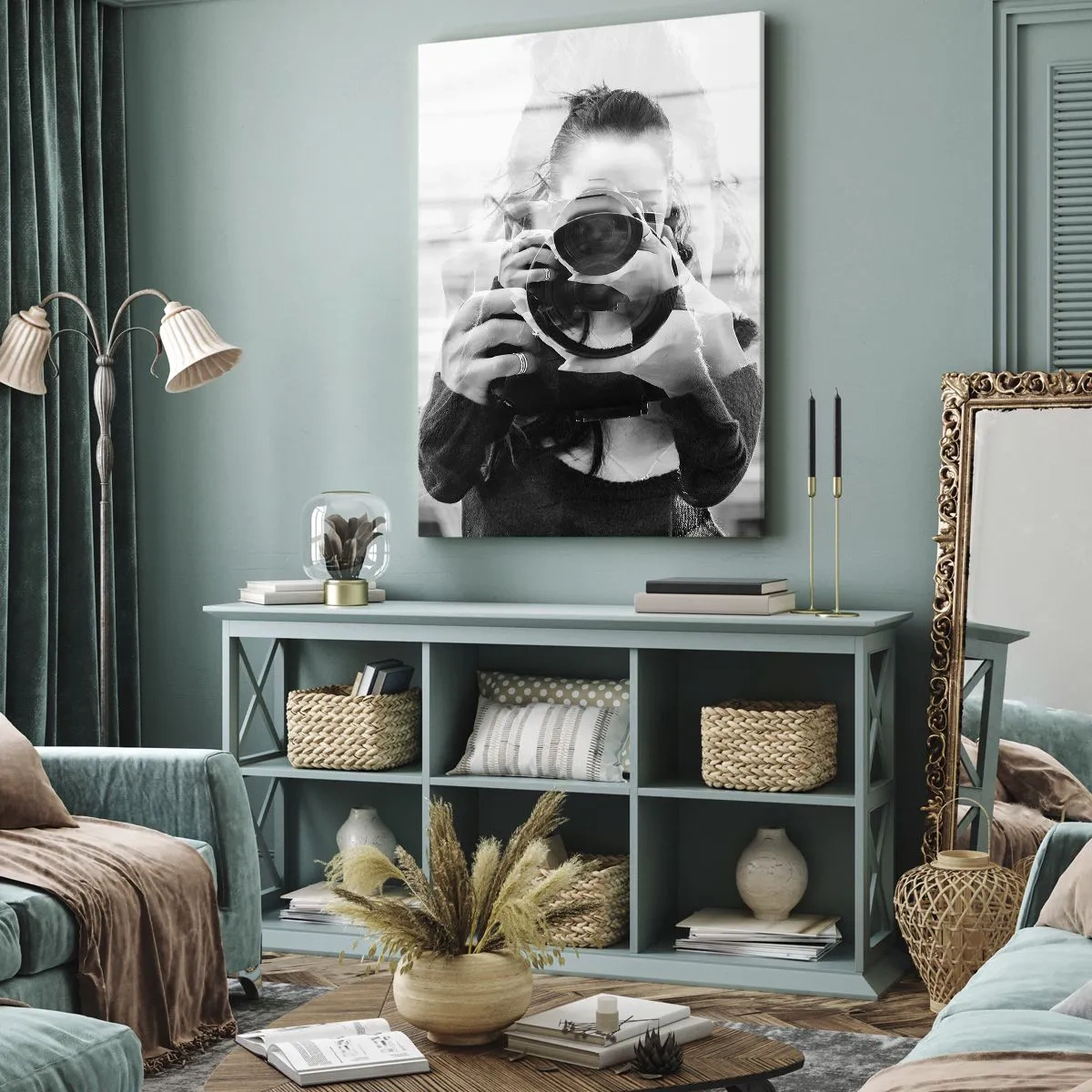 Bild auf Leinwand - Leinwandbild - Schwarz-Weiß-Doppelbelichtungsporträt eines Fotografen - 70x100cm - Schöpfer und Material - Moderne Wanddekoration für Wohnzimmer und Schlafzimmer ARTTOR