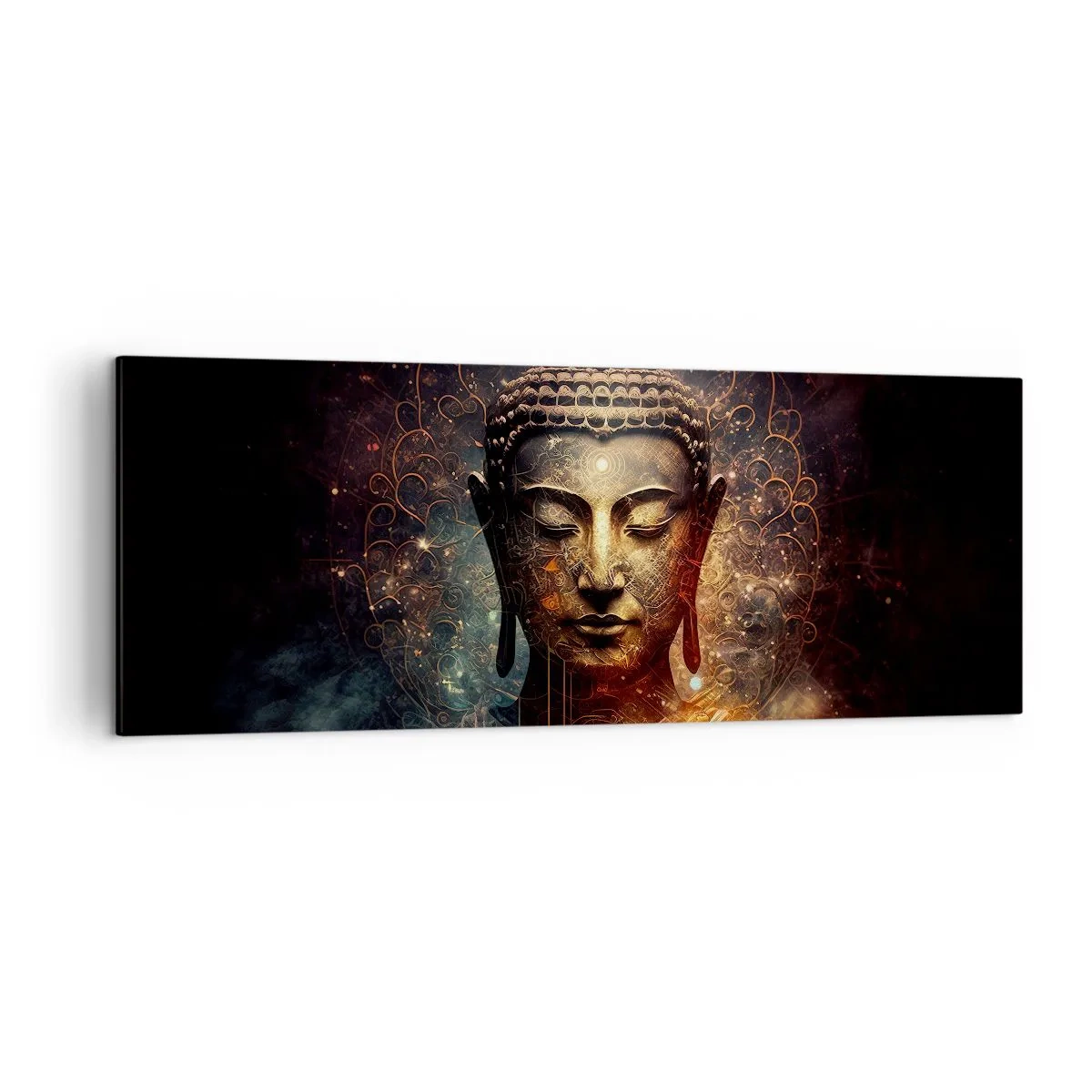 Bild auf Leinwand - Leinwandbild - Goldener Buddha auf dunklem Hintergrund mit Ornamenten - 140x50cm - Spirituelles Gleichgewicht - Moderne Wanddekoration für Wohnzimmer und Schlafzimmer ARTTOR
