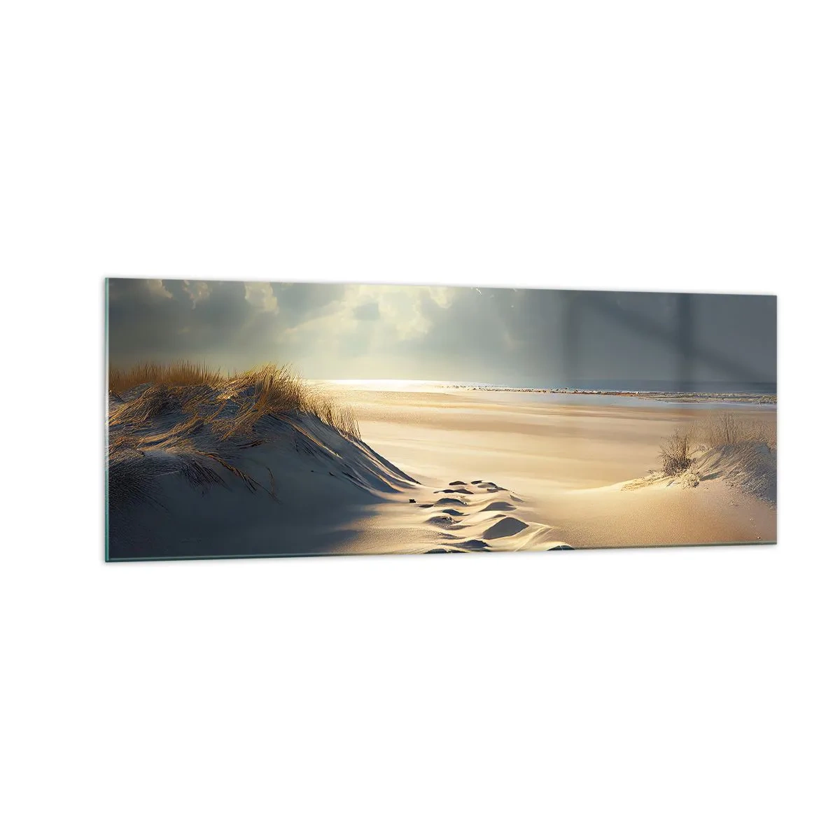 Glasbild - Bild auf glas - Goldene Dünen am Strand bei Sonnenuntergang mit Blick auf das Meer - 140x50cm - Beruhigende Landschaft - Moderne Wanddekoration für Wohnzimmer und Schlafzimmer ARTTOR