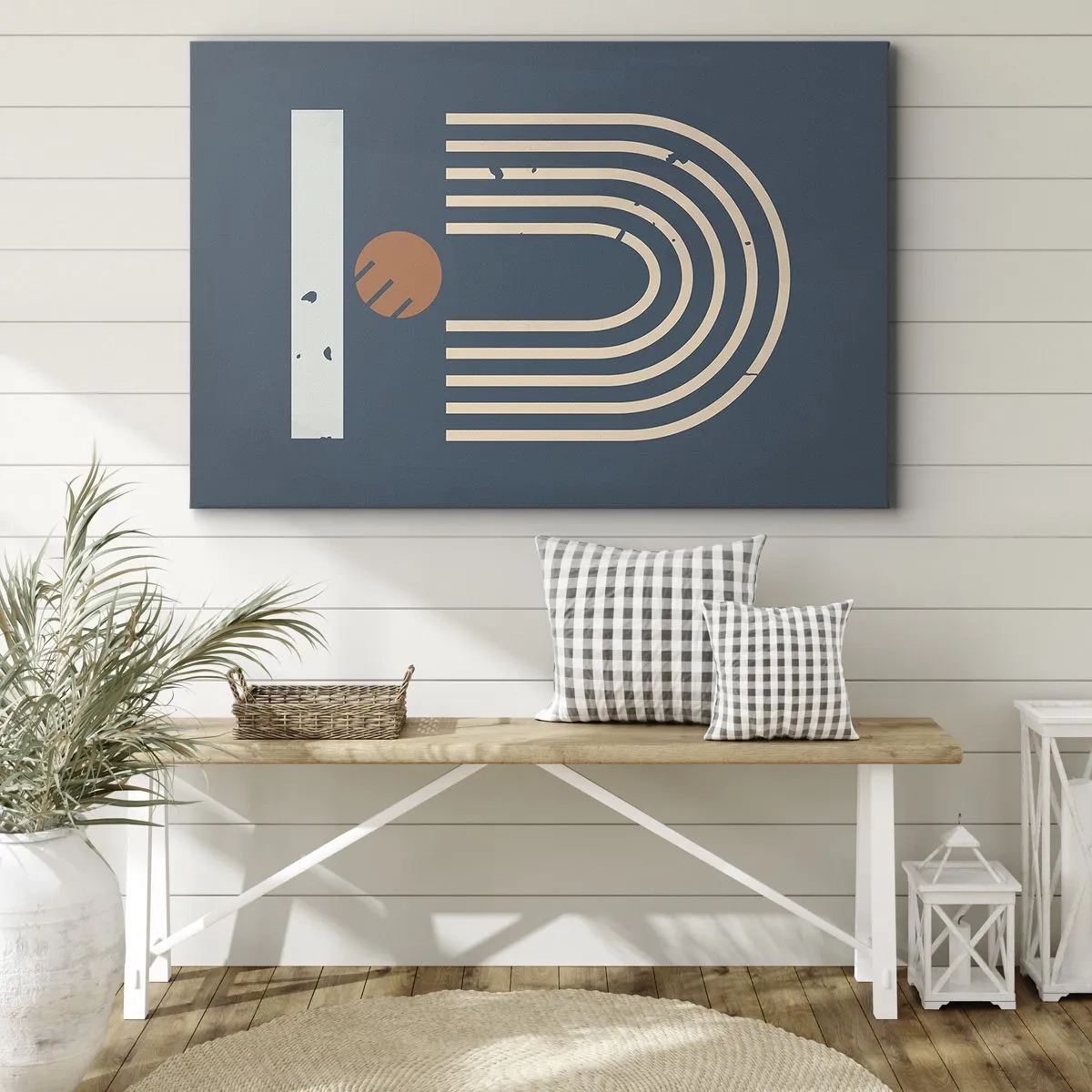 Bild auf Leinwand - Leinwandbild - Geometrisches Muster in Marineblau-, Beige- und Orangetönen auf dunklem Hintergrund - 120x80cm - Geometrie auf dem Granatapfel - Moderne Wanddekoration für Wohnzimmer und Schlafzimmer ARTTOR