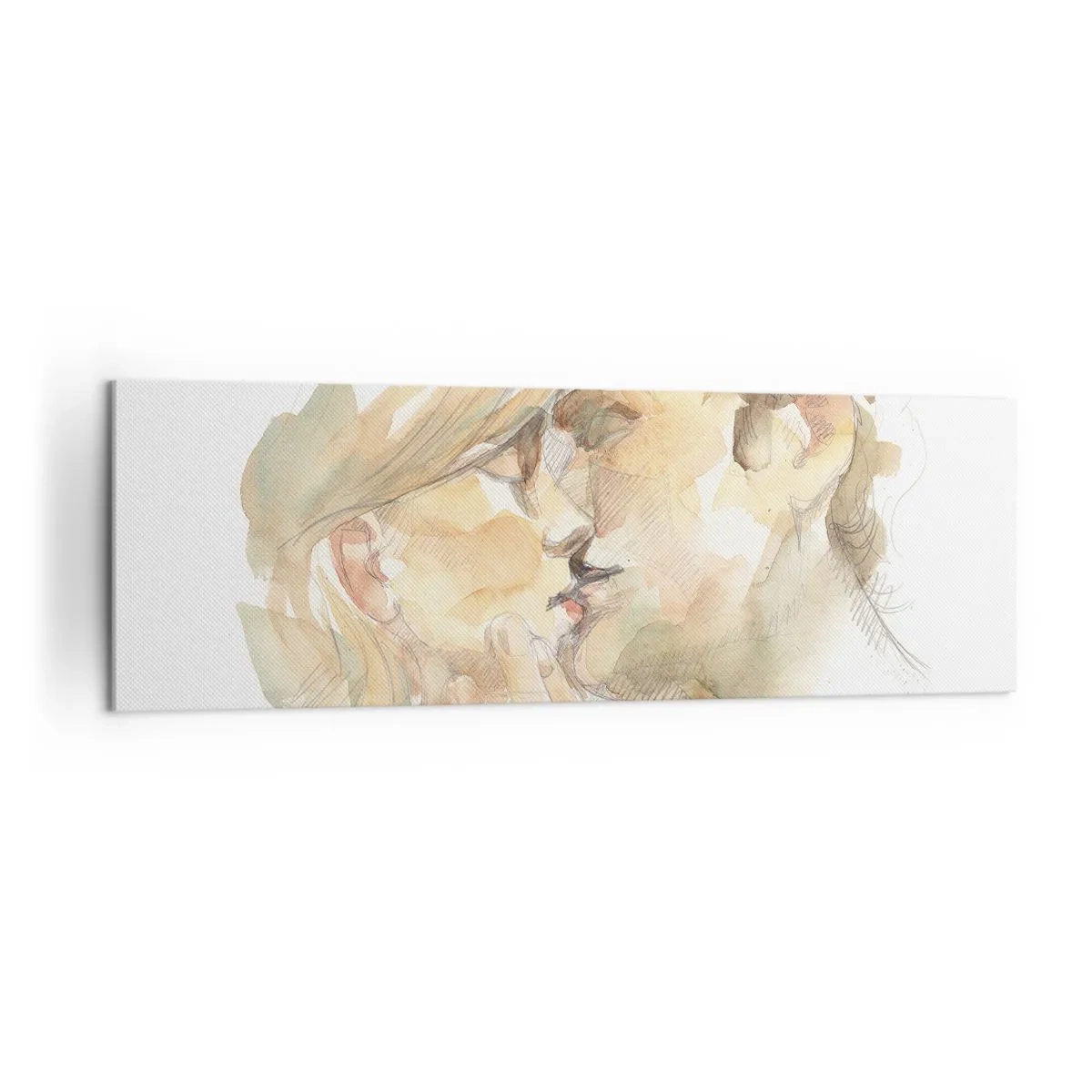 Bild auf Leinwand - Leinwandbild - Romantisches Aquarellporträt eines sich küssenden Paares - 160x50cm - Hälfte gefunden? - Moderne Wanddekoration für Wohnzimmer und Schlafzimmer ARTTOR