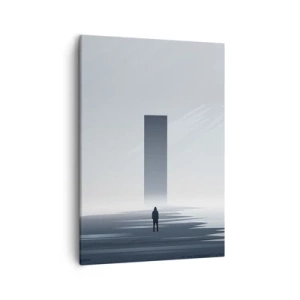 Bild auf Leinwand - Leinwandbild - Eine minimalistische Landschaft mit einer Silhouette neben einem rechteckigen Monolithen - 50x70cm - Chance oder Bedrohung? - Moderne Wanddekoration für Wohnzimmer und Schlafzimmer ARTTOR