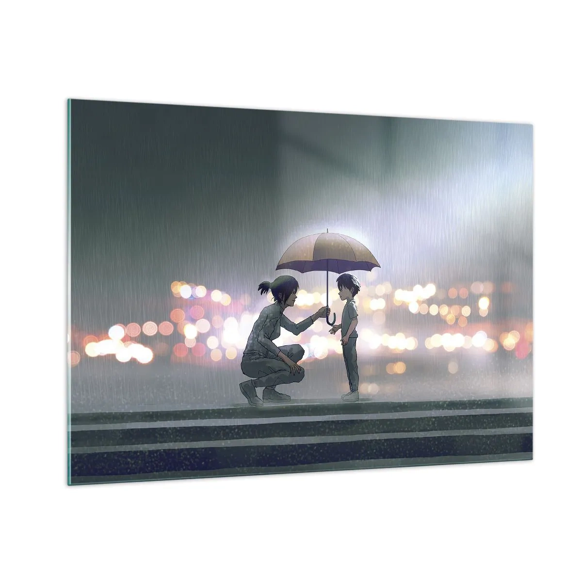 Glasbild - Bild auf glas - Figuren im Regen mit Regenschirmen vor dem Hintergrund der Nachtlichter - 100x70cm - Und jetzt ist alles in Ordnung - Moderne Wanddekoration für Wohnzimmer und Schlafzimmer ARTTOR