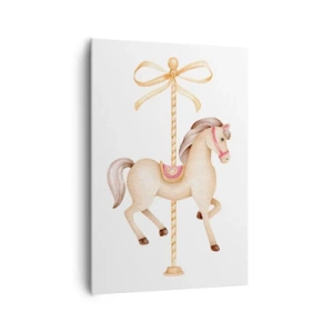 Bild auf Leinwand - Leinwandbild - Ein Karussellpferd mit Schleife in zarten Pastelltönen - 70x100cm - Anmutiger Trab - Moderne Wanddekoration für Wohnzimmer und Schlafzimmer ARTTOR