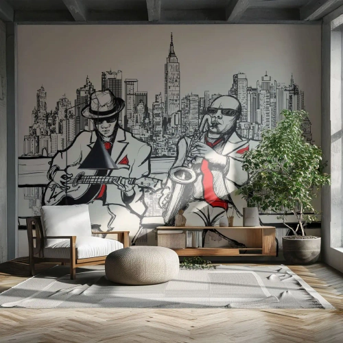 Fototapete Premium Sand - Zeichnungen von Jazzmusikern vor dem Hintergrund einer Stadtlandschaft - 100x70cm - New Yorker Improvisation - Moderne Wanddekoration für Wohnzimmer und Schlafzimmer ARTTOR