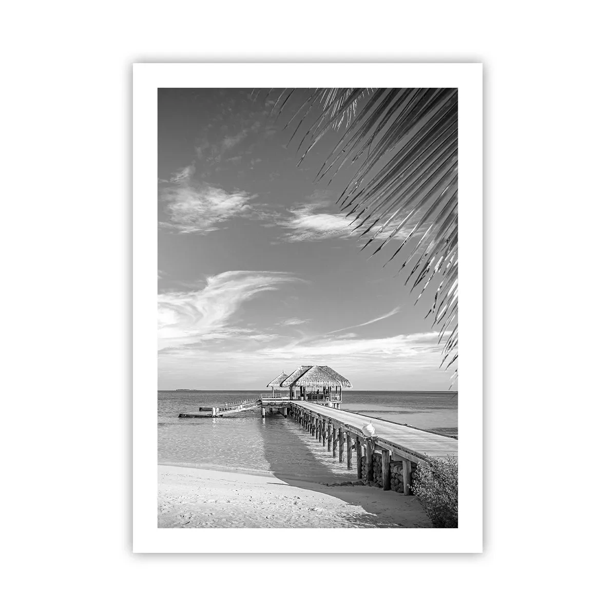 Poster - Schwarz-weiße Landschaft mit einem Pier über einem ruhigen Meer - 50x70cm - Erinnerung oder Traum? - Moderne Wanddekoration für Wohnzimmer und Schlafzimmer ARTTOR