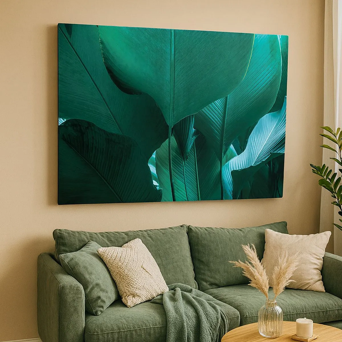 Bild auf Leinwand - Leinwandbild - Grüne Blätter in minimalistischer Komposition - 70x50cm - Dem Licht zugewandt - Moderne Wanddekoration für Wohnzimmer und Schlafzimmer ARTTOR