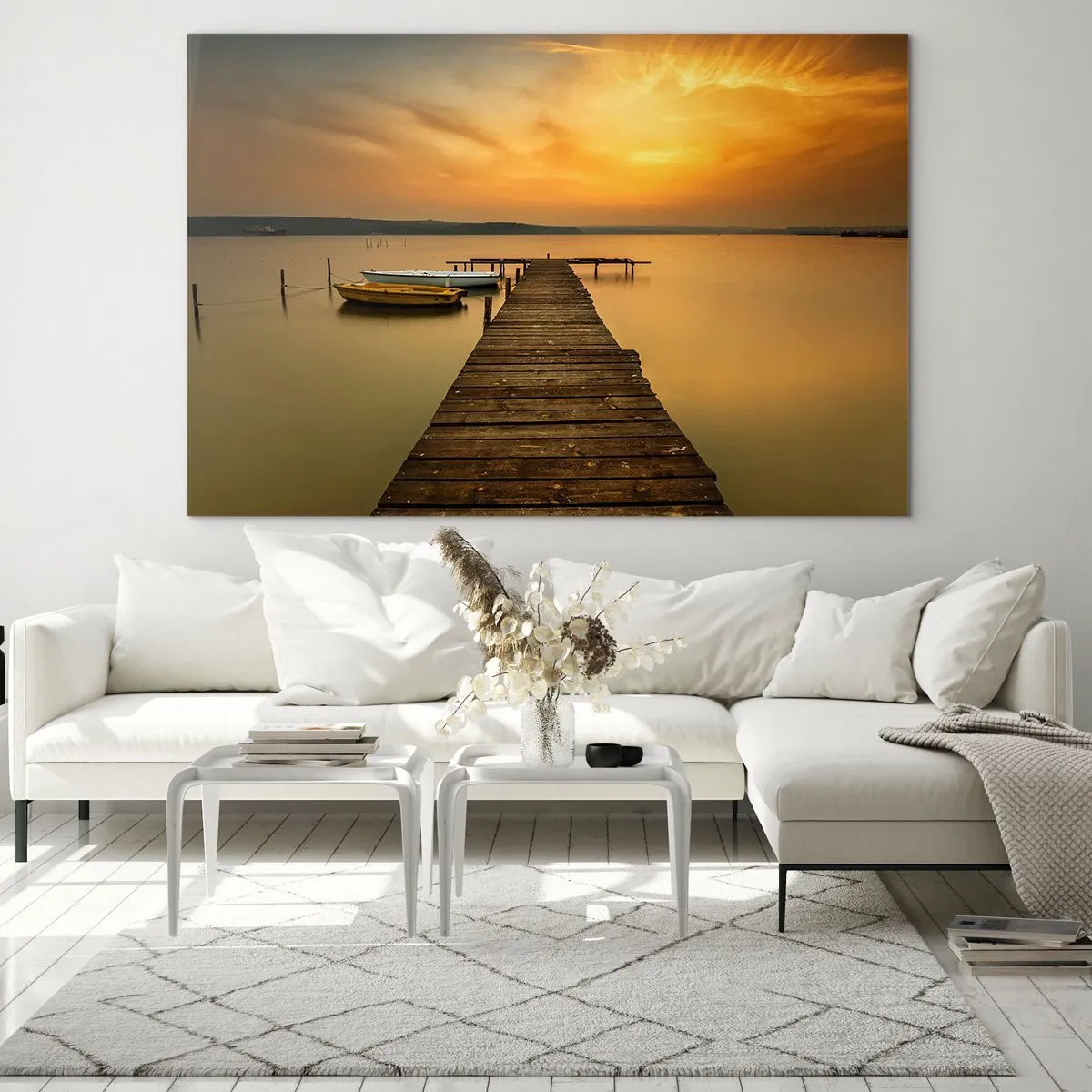Glasbild - Bild auf glas - Pier auf dem See bei Sonnenuntergang mit einem Boot - 120x80cm - Ich werde dir den goldenen Himmel öffnen - Moderne Wanddekoration für Wohnzimmer und Schlafzimmer ARTTOR
