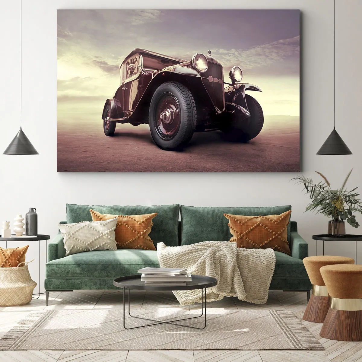 Bild auf Leinwand - Leinwandbild - Ein Oldtimer im klassischen Stil vor dem Himmel - 70x50cm - Gehen wir zurück wie in alten Zeiten ... - Moderne Wanddekoration für Wohnzimmer und Schlafzimmer ARTTOR