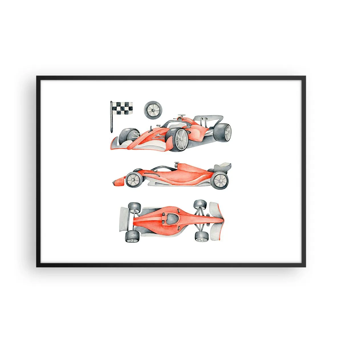 Poster in einem schwarzem Rahmen - Ein roter Rennwagen mit einer Zielflagge - 100x70cm - Dem Traum folgen - Moderne Wanddekoration für Wohnzimmer und Schlafzimmer ARTTOR