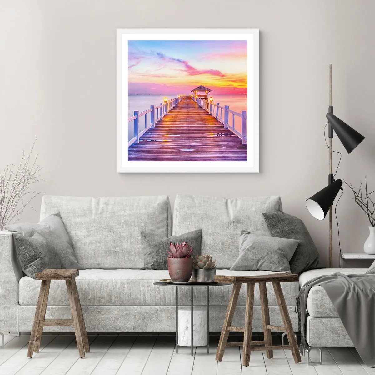 Poster in einem weißen Rahmen - Die lila-goldene Stille des Abends - 40x40 cm