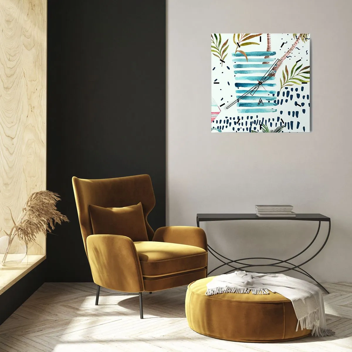 Wanduhr - Glasuhr - Abstraktes Muster mit Palmen und nautischen Akzenten - 30x30cm - Urlaub unter Palmen - Moderne Wanddekoration für Wohnzimmer und Schlafzimmer ARTTOR