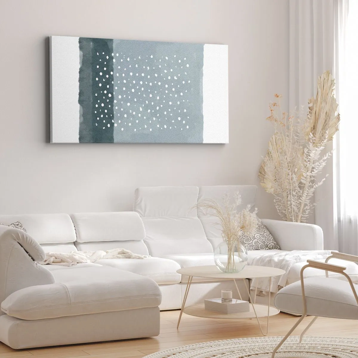 Bild auf Leinwand - Leinwandbild - Ein minimalistisches Gemälde in Blautönen mit Punkten - 160x50cm - Auf Blau gewachsen - Moderne Wanddekoration für Wohnzimmer und Schlafzimmer ARTTOR