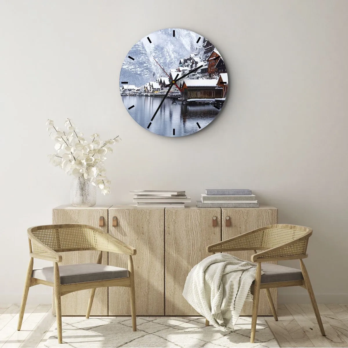 Wanduhr - Glasuhr - In winterlicher Dekoration - 30x30 cm
