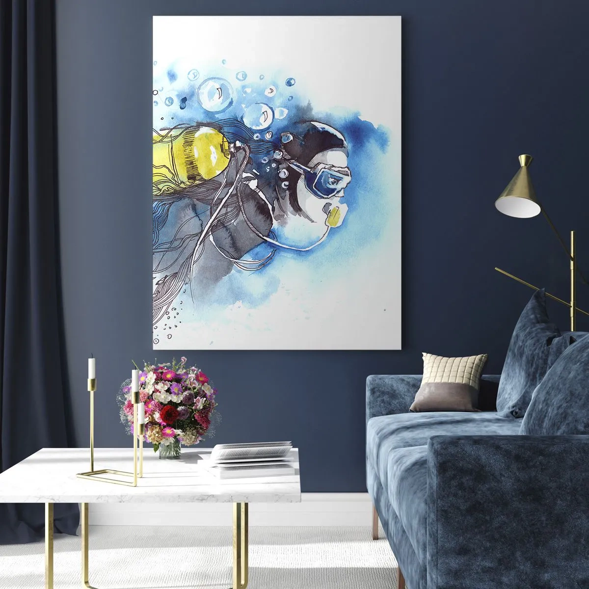Glasbild - Bild auf glas - Taucher unter Wasser mit Fischen in künstlerischem Aquarell - 50x70cm - Tolles Blau - Moderne Wanddekoration für Wohnzimmer und Schlafzimmer ARTTOR