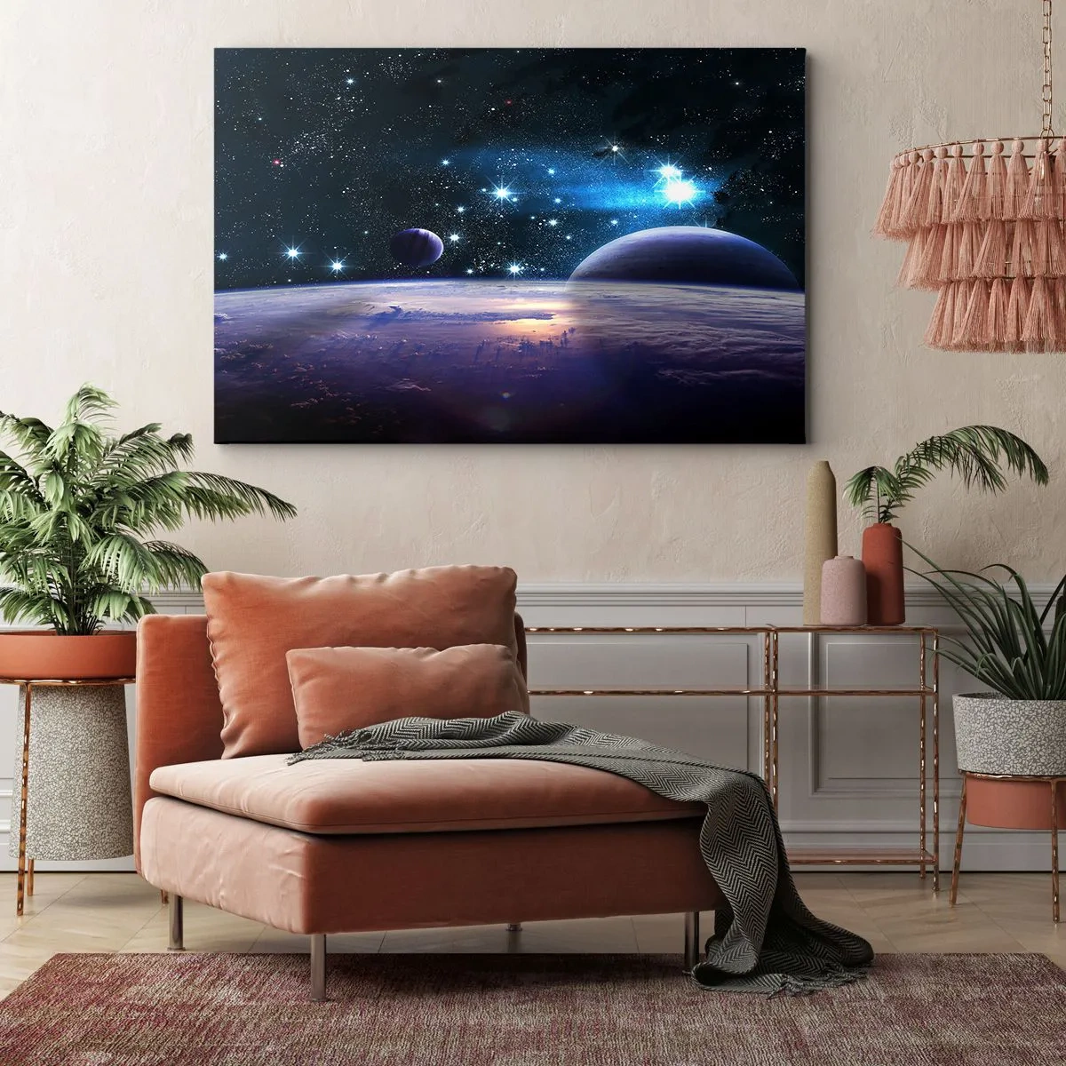 Bild auf Leinwand - Leinwandbild - Ein Blick in den Weltraum mit Planeten und Sternen - 100x70cm - Noch allein? - Moderne Wanddekoration für Wohnzimmer und Schlafzimmer ARTTOR