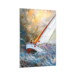 Glasbild - Bild auf glas - Segelboote auf rauen Wellen in einer dynamischen Komposition - 70x100cm - Durch die Wellen laufend - Moderne Wanddekoration für Wohnzimmer und Schlafzimmer ARTTOR