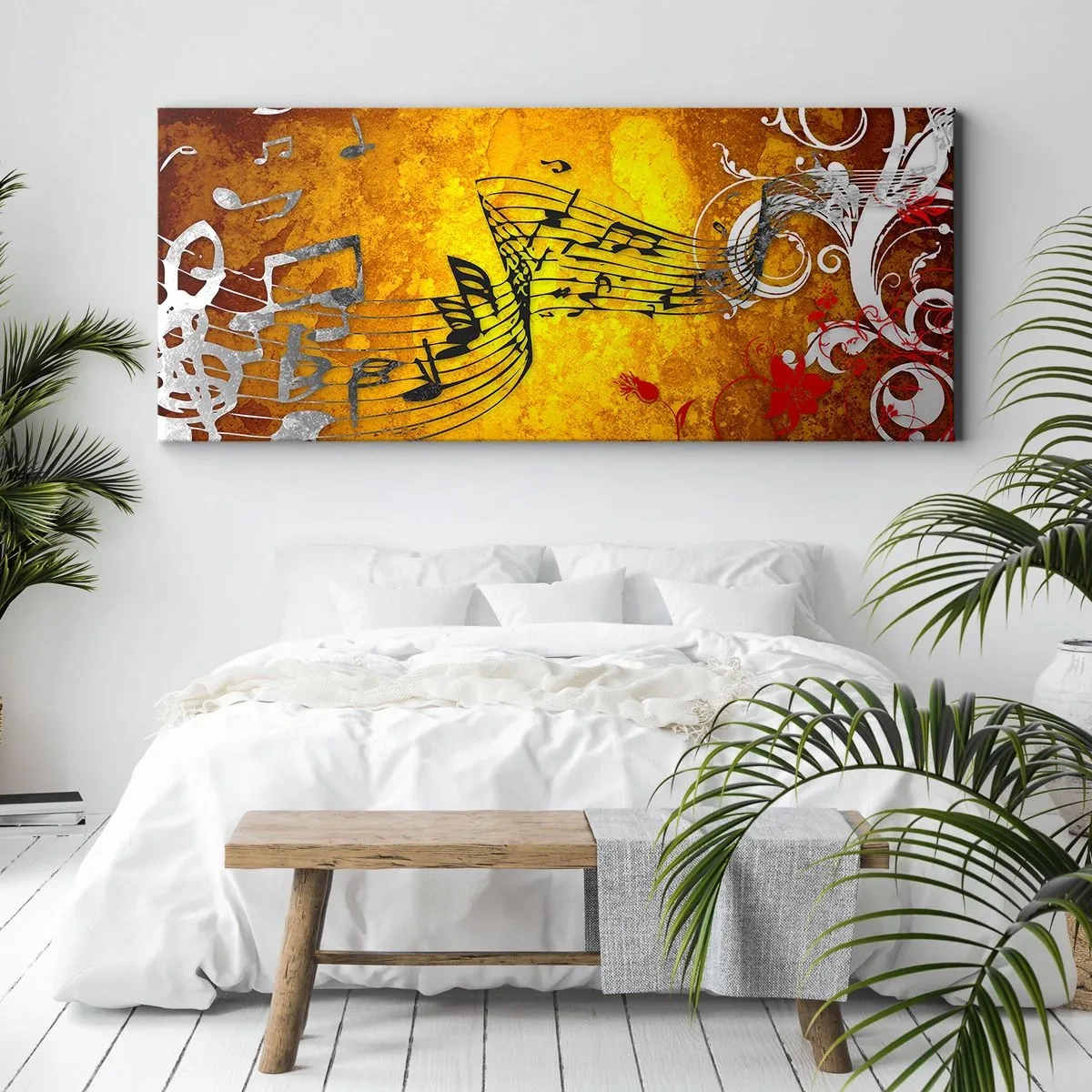 Bild auf Leinwand - Leinwandbild - Abstrakte Musiknoten auf einem bunten Hintergrund mit Ornamenten - 140x50cm - Lass die Musik fließen - Moderne Wanddekoration für Wohnzimmer und Schlafzimmer ARTTOR