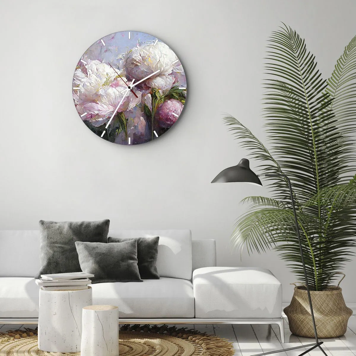 Wanduhr - Glasuhr - Ein Strauß weißer und rosa Blumen auf blauem Hintergrund - 30x30cm - Strauß voller Leben - Moderne Wanddekoration für Wohnzimmer, Küche und Schlafzimmer ARTTOR