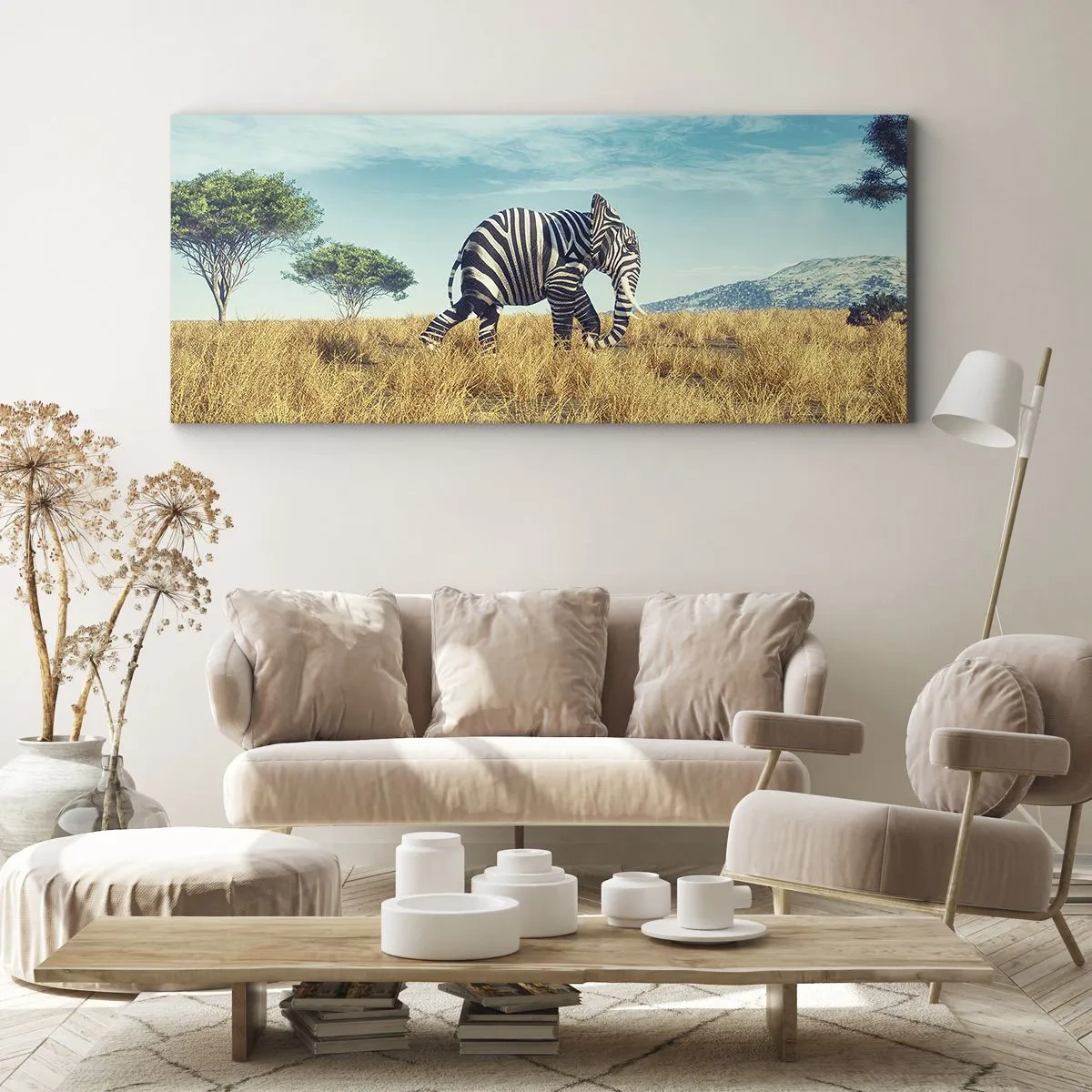 Bild auf Leinwand - Leinwandbild - Zebra in einer afrikanischen Landschaft - 140x50cm - Grau ist nicht mehr in Mode - Moderne Wanddekoration für Wohnzimmer und Schlafzimmer ARTTOR