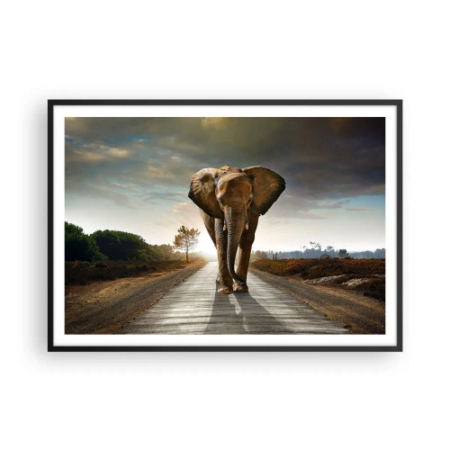 Poster in einem schwarzem Rahmen - Ein Elefant, der bei Sonnenuntergang auf einer Straße durch eine Landschaft läuft - 100x70cm - Und schon gar nicht in einem Porzellanlager - Moderne Wanddekoration für Wohnzimmer und Schlafzimmer ARTTOR