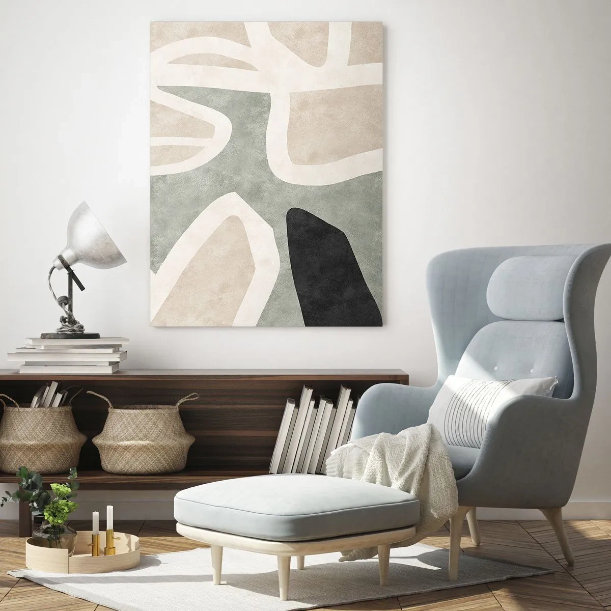 Glasbild - Bild auf glas - Abstrakte Formen in gedämpften Farben - 80x120cm - Komposition mit schwarzem Motiv - Moderne Wanddekoration für Wohnzimmer und Schlafzimmer ARTTOR