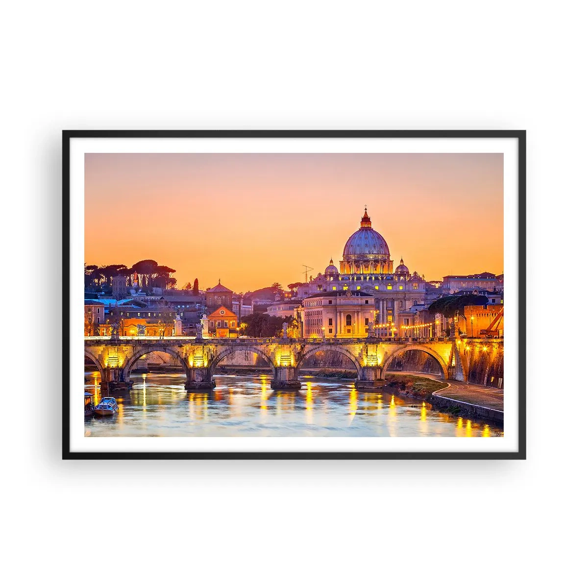 Poster in einem schwarzem Rahmen - Panorama des Vatikans bei Sonnenuntergang mit einer Brücke über den Fluss - 100x70cm - Sonnenuntergang über der ewigen Stadt - Moderne Wanddekoration für Wohnzimmer und Schlafzimmer ARTTOR